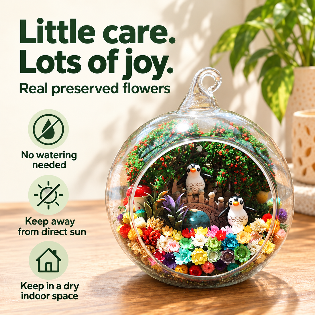 Penguin Family Preserved Flower Terrarium — care guide