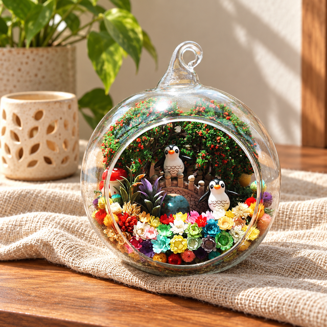Penguin Family Preserved Flower Terrarium styled in a natural home setting with clear glass and product details