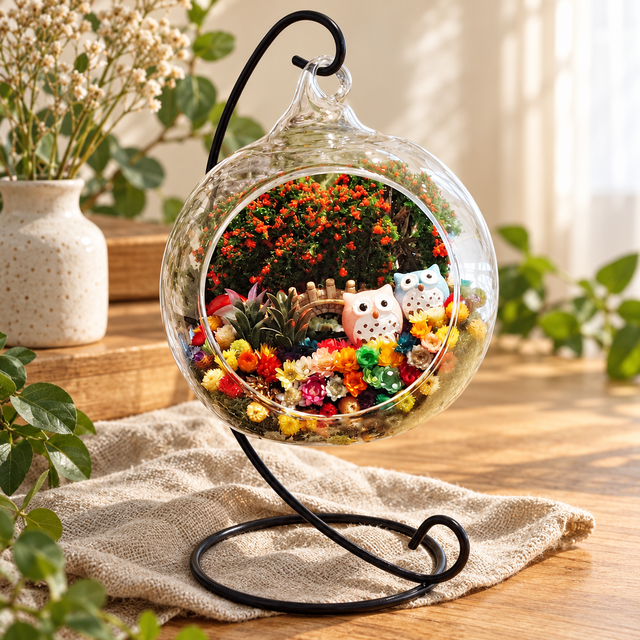 Pink and Blue Owls Preserved Flower Terrarium styled in a natural home setting with clear glass and product details