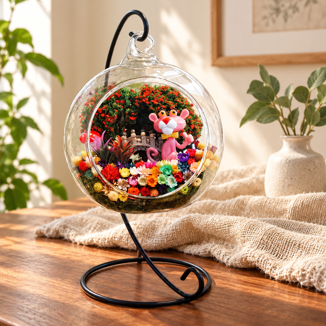 Pink Cartoon Cat Preserved Flower Terrarium styled in a natural home setting with clear glass and product details