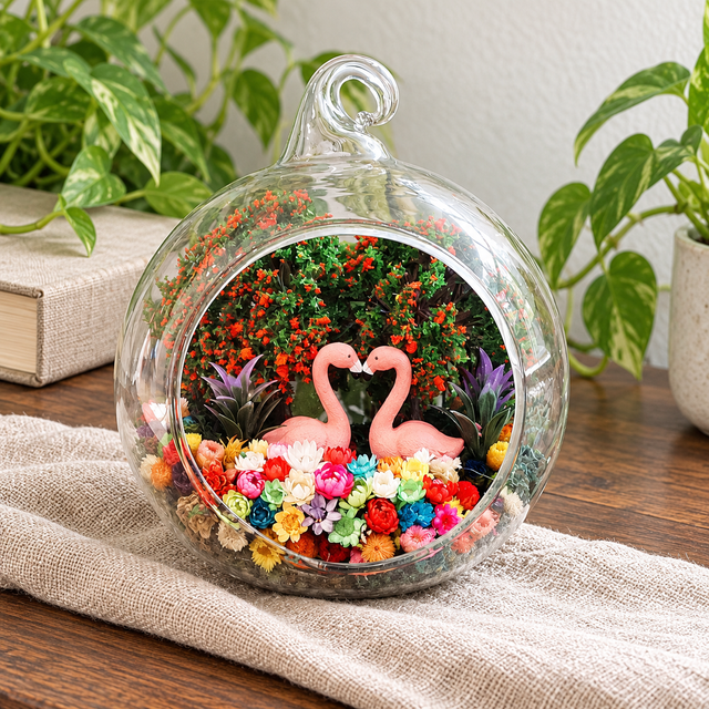 Pink Swan Pair Preserved Flower Terrarium styled in a natural home setting with clear glass and product details