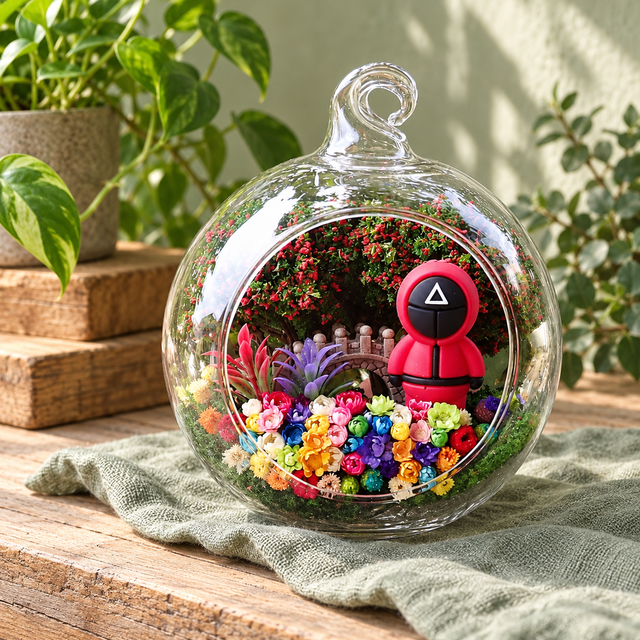 Pink Uniform Figures Flower Terrarium styled in a natural home setting with clear glass and product details