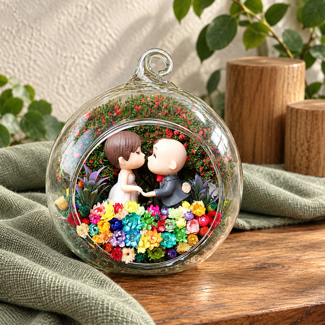 Playful Couple Preserved Flower Terrarium styled in a natural home setting with clear glass and product details