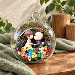 Playful Couple Preserved Flower Terrarium styled in a natural home setting with clear glass and product details