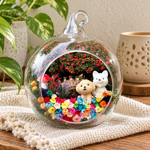Poodle and Puppy Preserved Flower Terrarium styled in a natural home setting with clear glass and product details