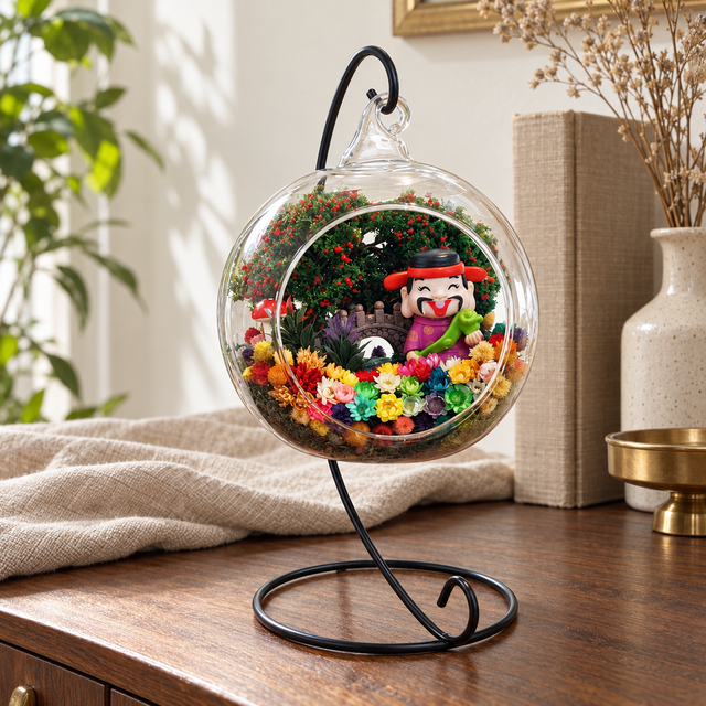 Prosperity God in Purple Preserved Flower Terrarium styled in a natural home setting with clear glass and product details