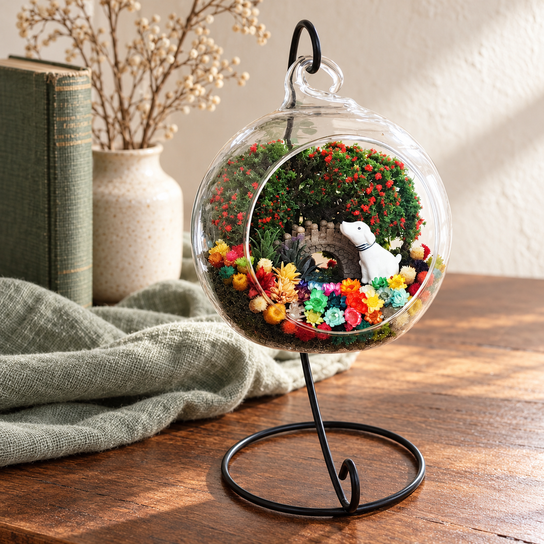 Puppy Pair Preserved Flower Terrarium styled in a natural home setting with clear glass and product details