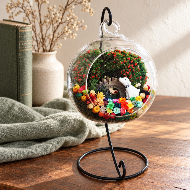 Puppy Pair Preserved Flower Terrarium styled in a natural home setting with clear glass and product details