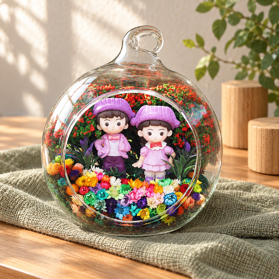 Purple Couple Preserved Flower Terrarium styled in a natural home setting with clear glass and product details
