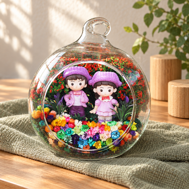 Purple Couple Preserved Flower Terrarium styled in a natural home setting with clear glass and product details