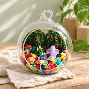 Purple Elephant Preserved Flower Terrarium styled in a natural home setting with clear glass and product details