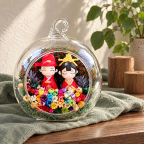 Red Wedding Couple Preserved Flower Terrarium styled in a natural home setting with clear glass and product details