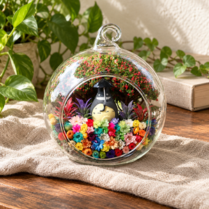 Round Grey Figure Flower Terrarium styled in a natural home setting with clear glass and product details