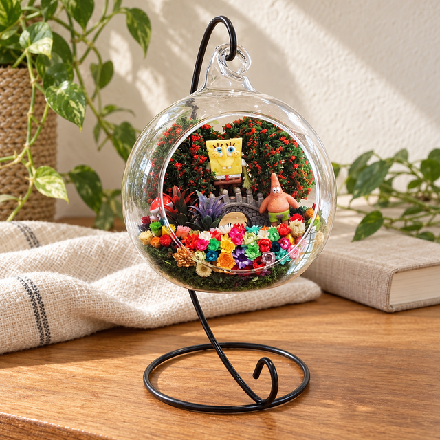 Sea Creature Friends Flower Terrarium styled in a natural home setting with clear glass and product details