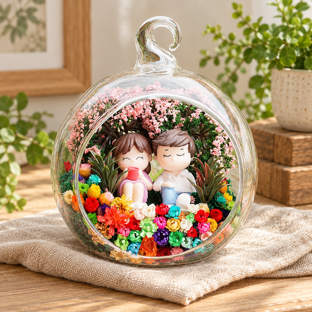 Sitting Couple in Garden Preserved Flower Terrarium styled in a natural home setting with clear glass and product details