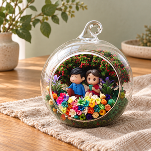 Sitting Couple Preserved Flower Terrarium styled in a natural home setting with clear glass and product details
