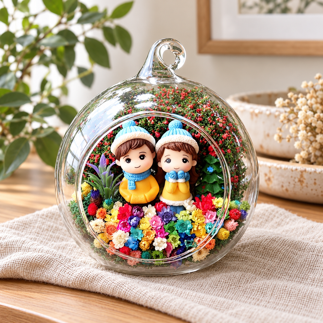 Snowy Couple in Yellow Preserved Flower Terrarium styled in a natural home setting with clear glass and product details