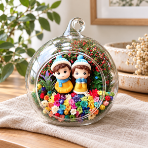 Snowy Couple in Yellow Preserved Flower Terrarium styled in a natural home setting with clear glass and product details