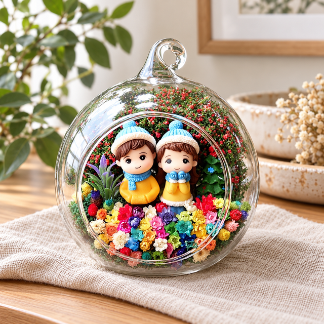 Snowy Couple in Yellow Preserved Flower Terrarium styled in a natural home setting with clear glass and product details