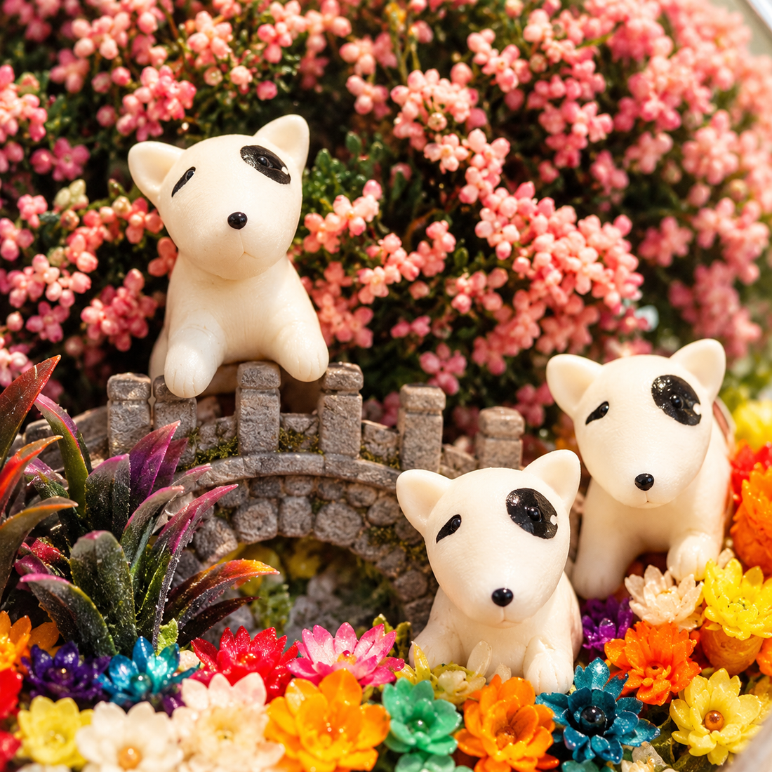 Three Puppies Preserved Flower Terrarium — figurine close up