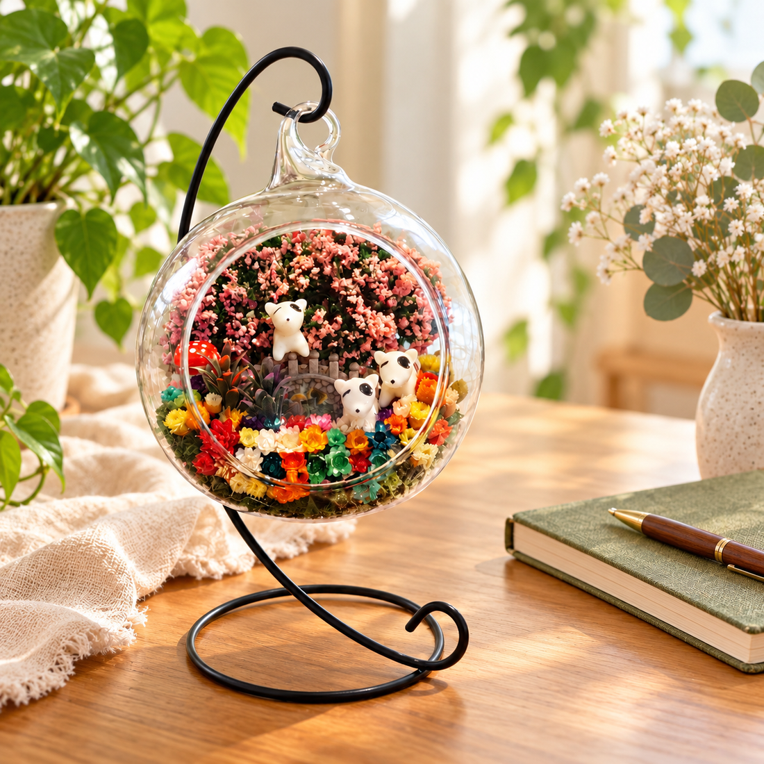 Three Puppies Preserved Flower Terrarium — desk lifestyle