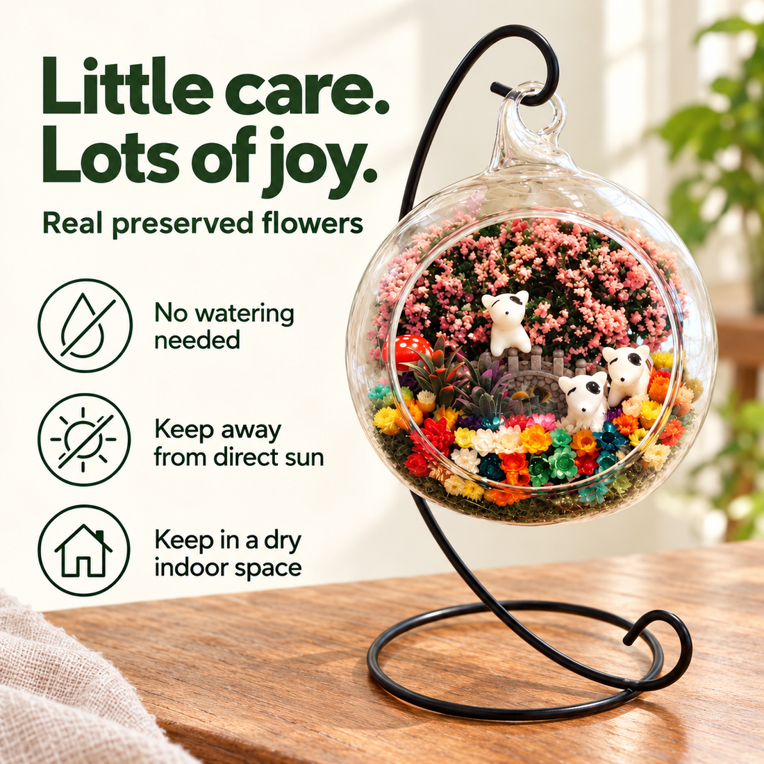 Three Puppies Preserved Flower Terrarium — care guide