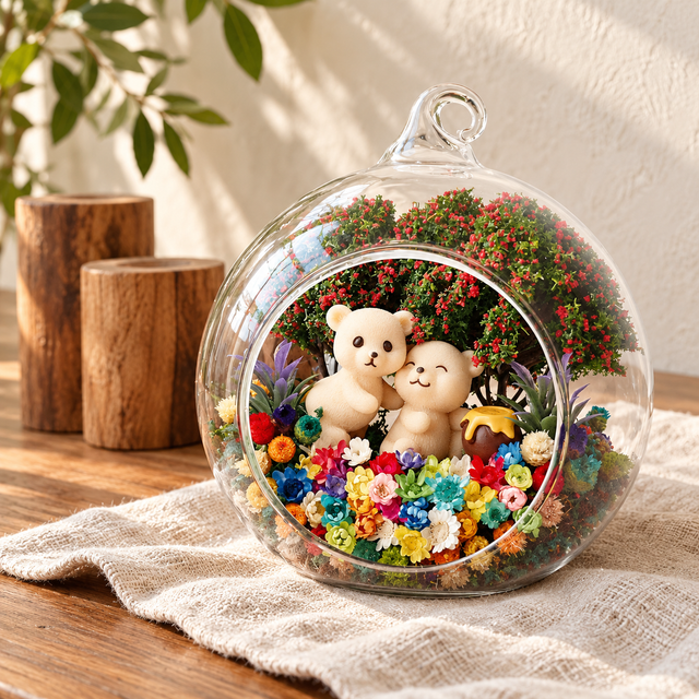 Two Bears preserved flower terrarium on ivory linen over a wooden table, with wooden ornaments and green leaves in the background