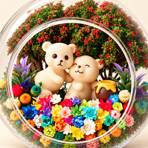 Close-up of two bear figurines and a brown pot inside the preserved flower terrarium