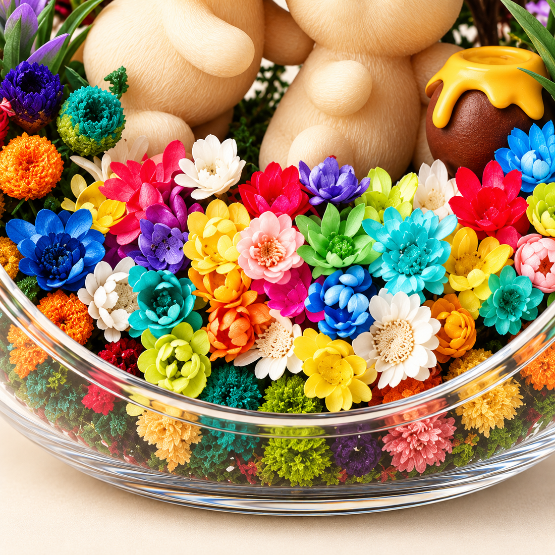 Close-up of colourful preserved flowers and the clear curved glass rim