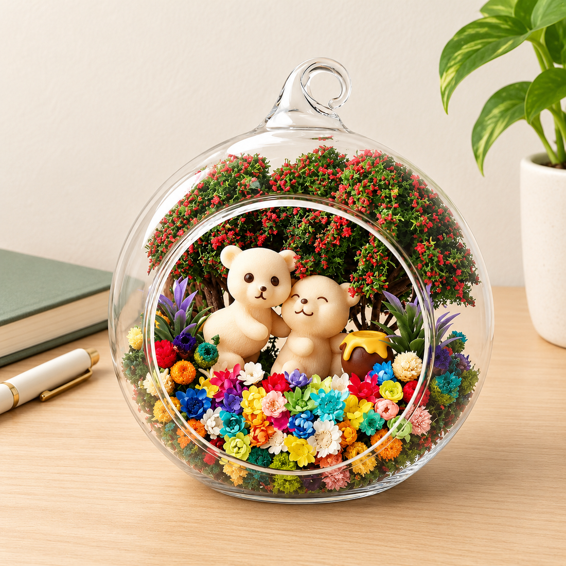 Two Bears preserved flower terrarium styled on a pale wooden desk