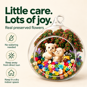 Two Bears preserved flower terrarium care guide: no watering, avoid direct sun, keep dry indoors