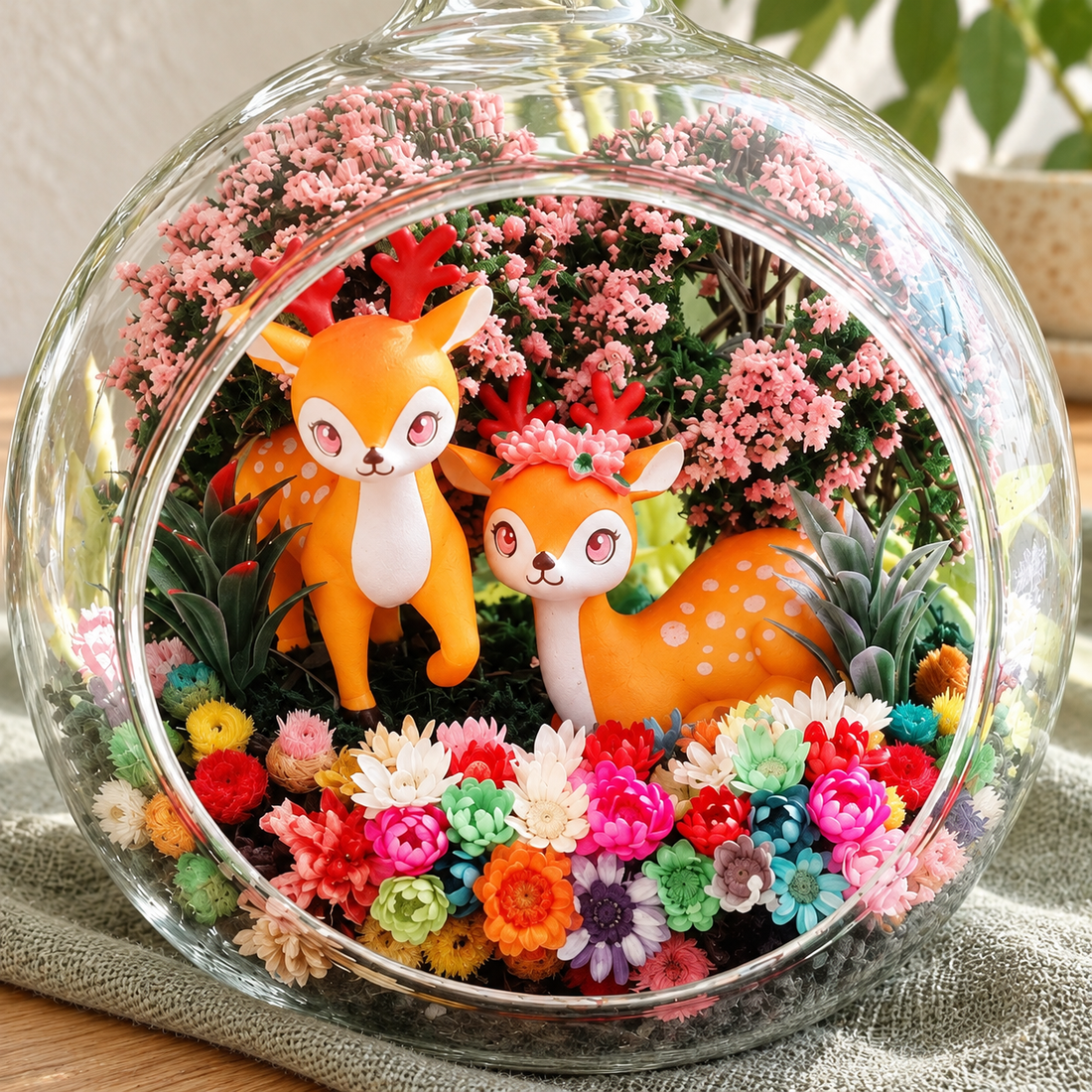 Two Deer Preserved Flower Terrarium — figurine close up