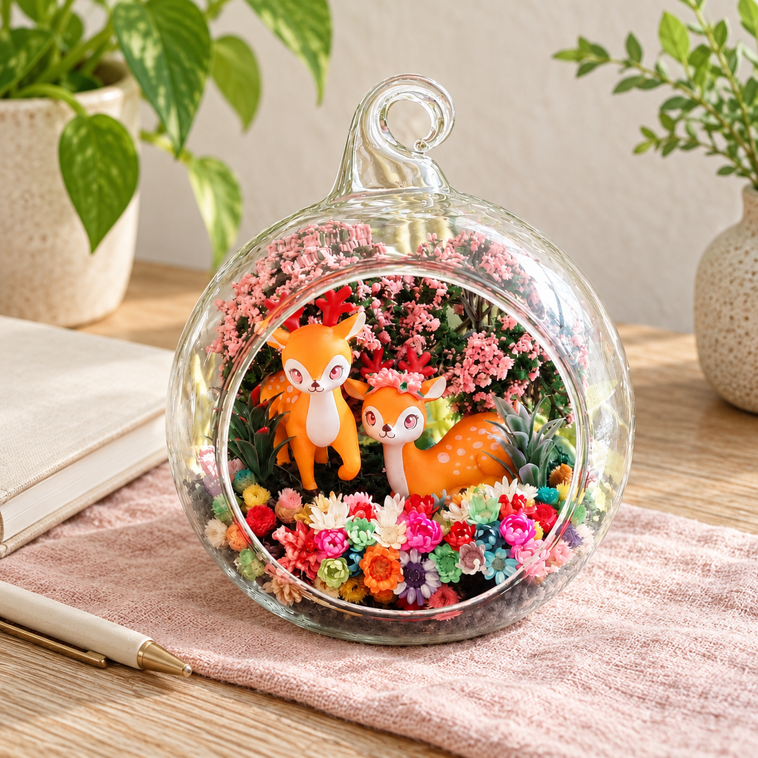 Two Deer Preserved Flower Terrarium — desk lifestyle