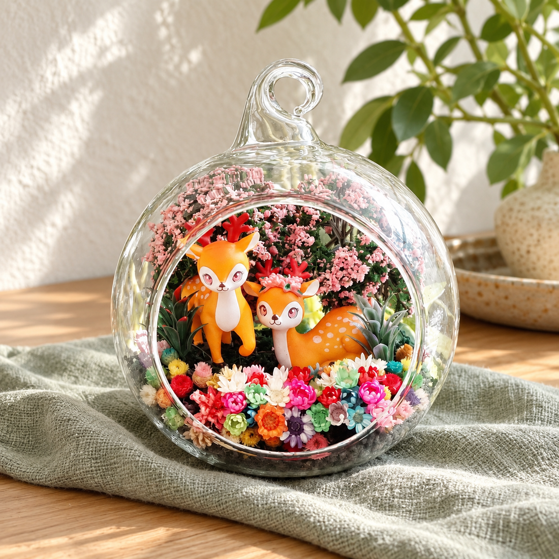 Two Deer Preserved Flower Terrarium styled in a natural home setting with clear glass and product details