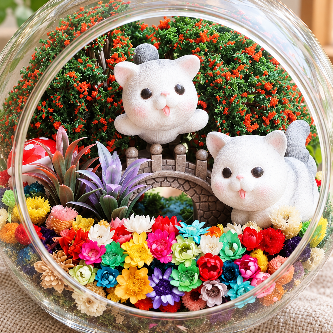 Two Grey Cats Preserved Flower Terrarium — figurine close up
