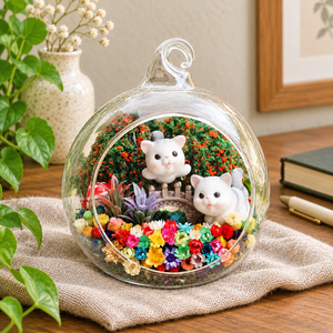 Two Grey Cats Preserved Flower Terrarium — desk lifestyle