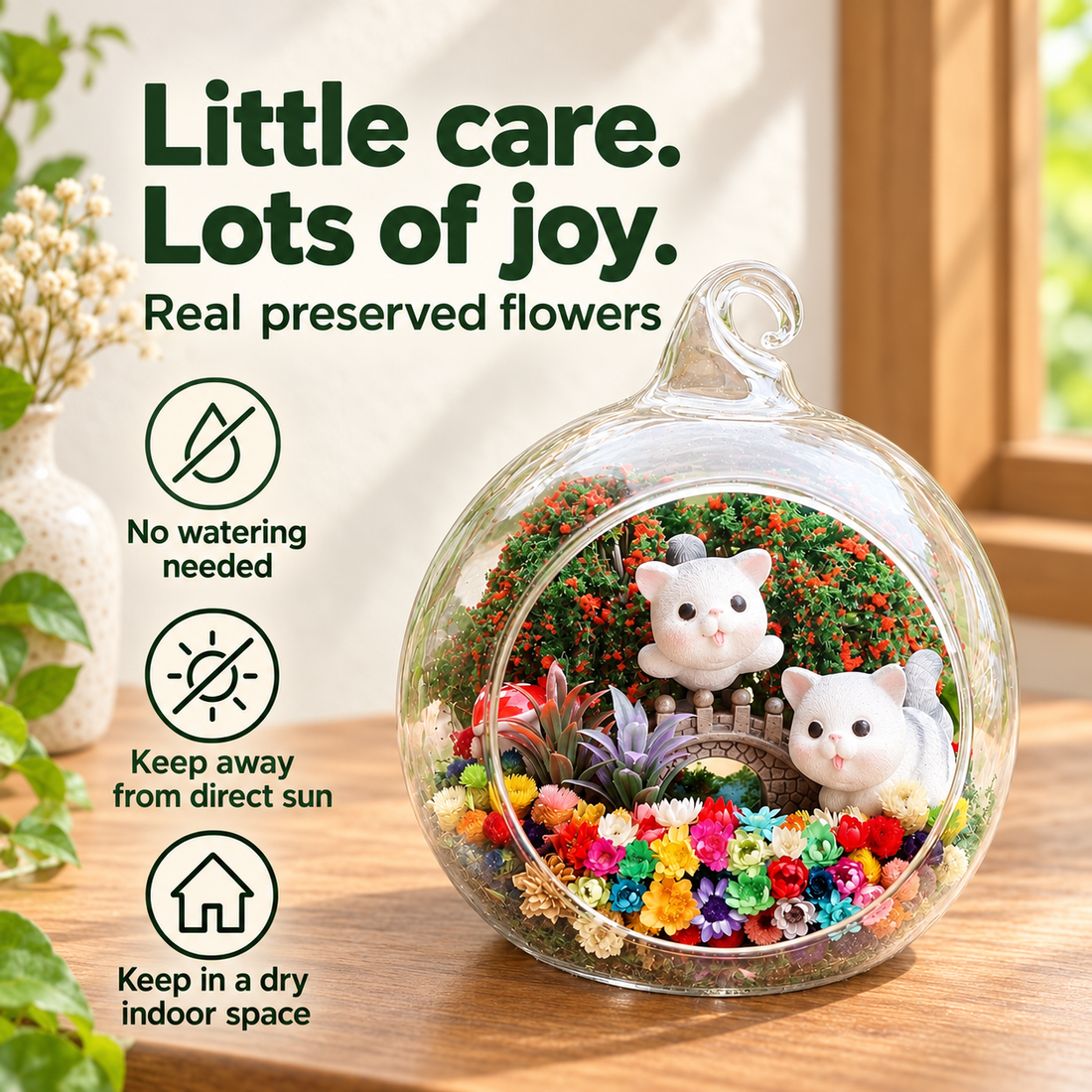 Two Grey Cats Preserved Flower Terrarium — care guide