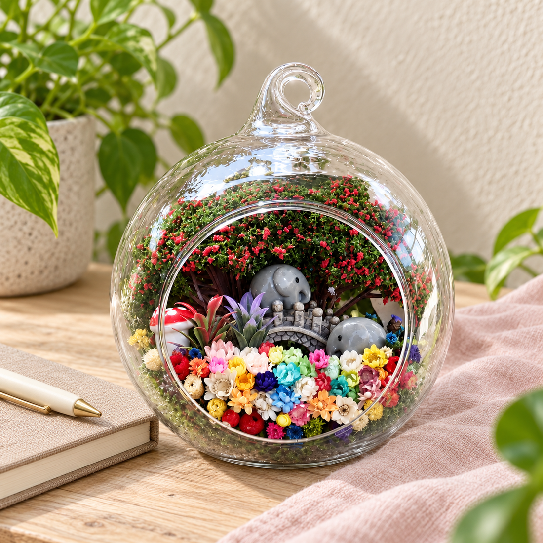 Two Grey Elephants Preserved Flower Terrarium — desk lifestyle