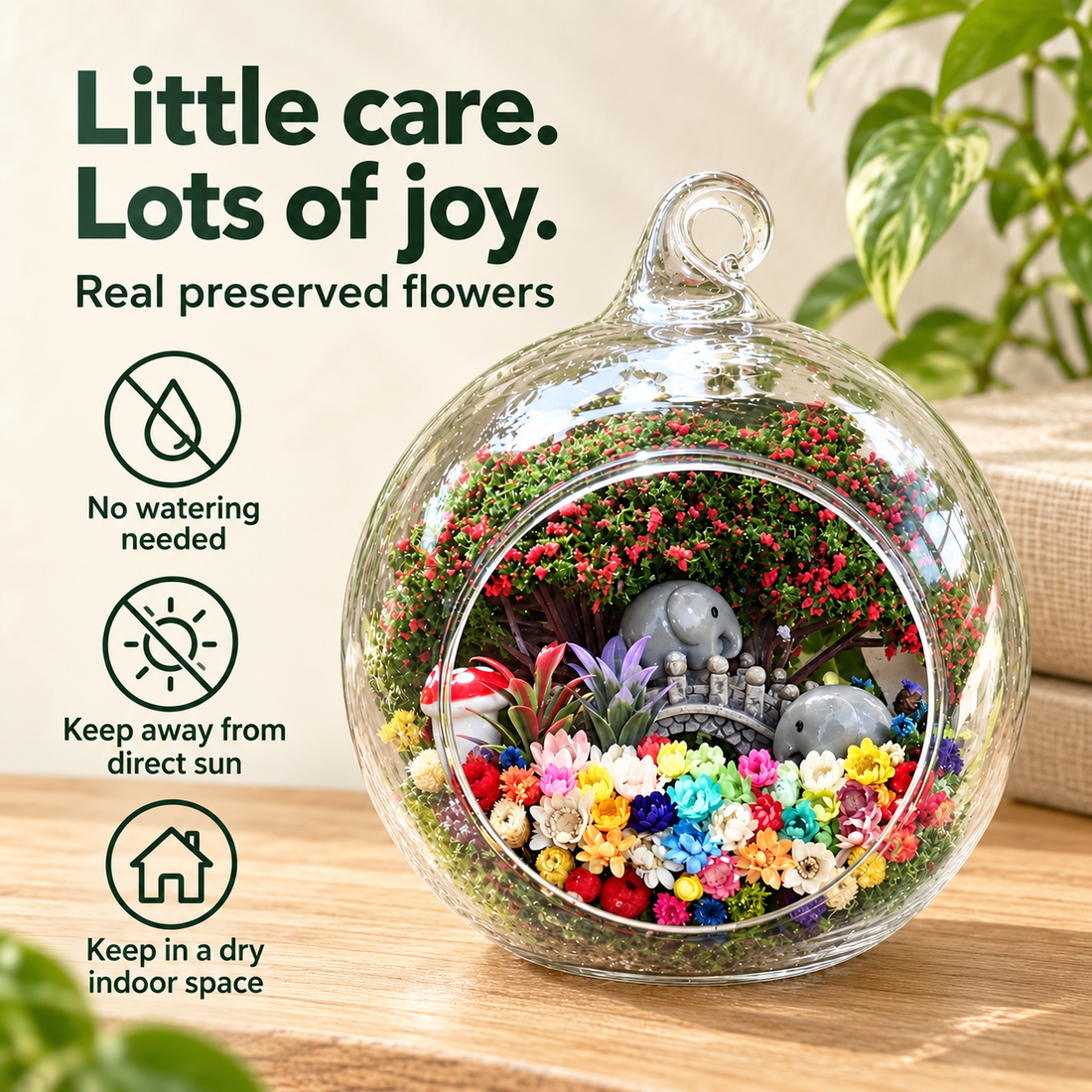 Two Grey Elephants Preserved Flower Terrarium — care guide