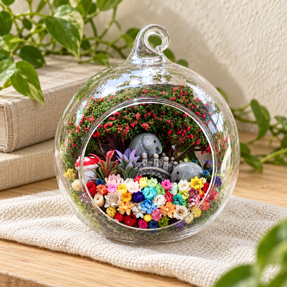 Two Grey Elephants Preserved Flower Terrarium styled in a natural home setting with clear glass and product details