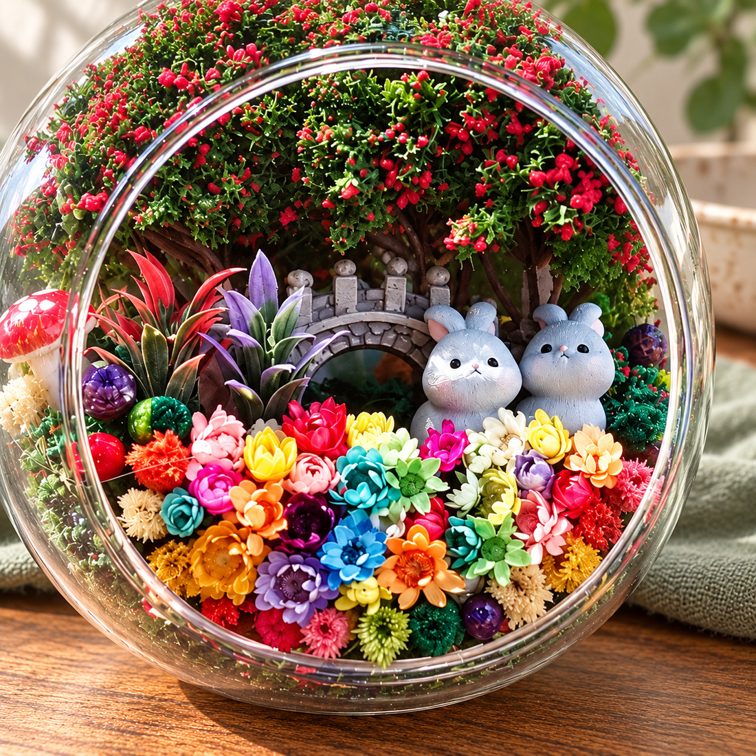 Two Grey Rabbits Preserved Flower Terrarium — figurine close up