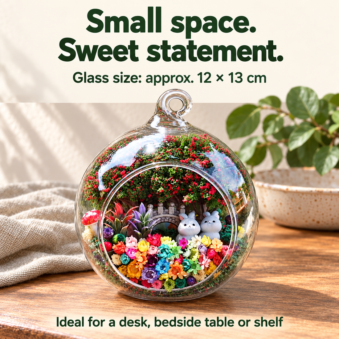 Two Grey Rabbits Preserved Flower Terrarium — size guide