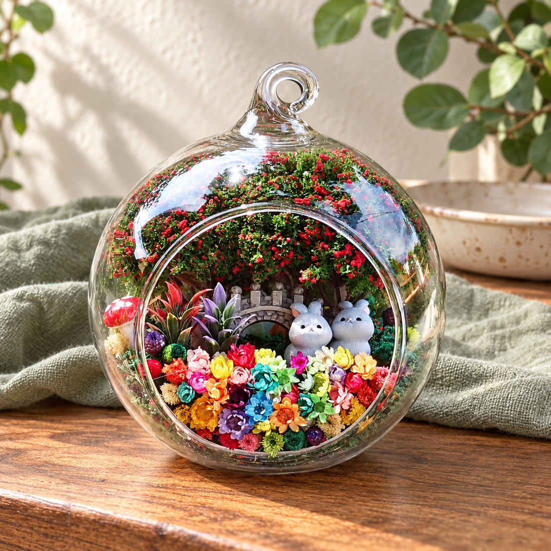 Two Grey Rabbits Preserved Flower Terrarium styled in a natural home setting with clear glass and product details