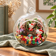 Two Kittens in Pink Garden Preserved Flower Terrarium styled in a natural home setting with clear glass and product details