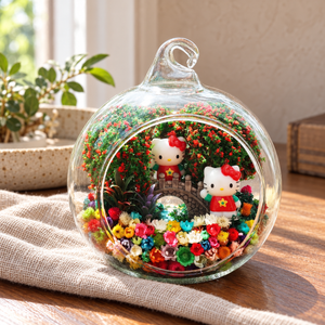 Two Kittens on a Bridge Preserved Flower Terrarium styled in a natural home setting with clear glass and product details