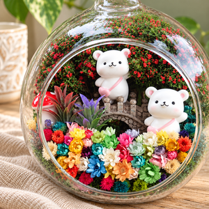 Two White Bears Preserved Flower Terrarium — figurine close up