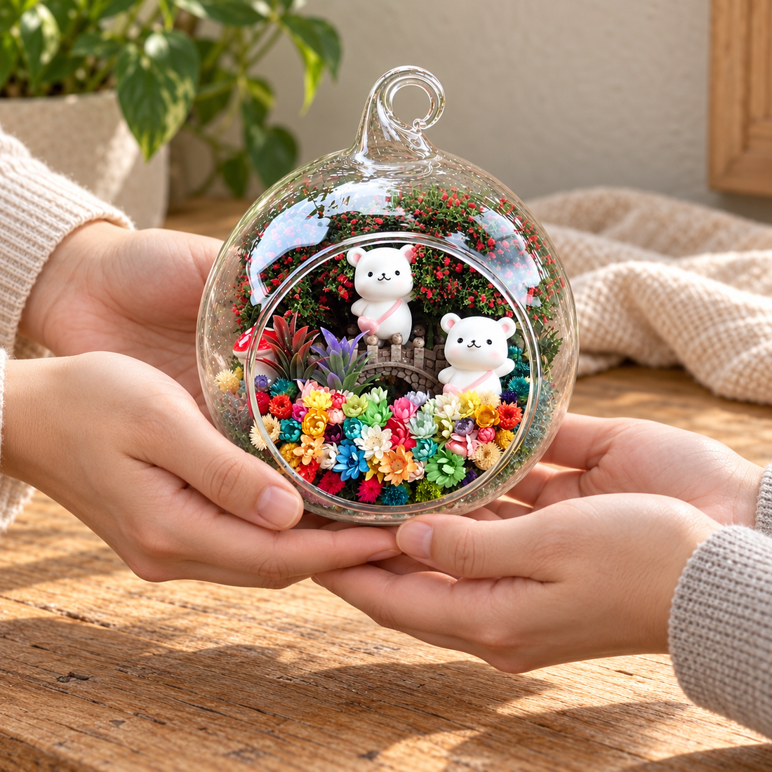 Two White Bears Preserved Flower Terrarium — gifting moment