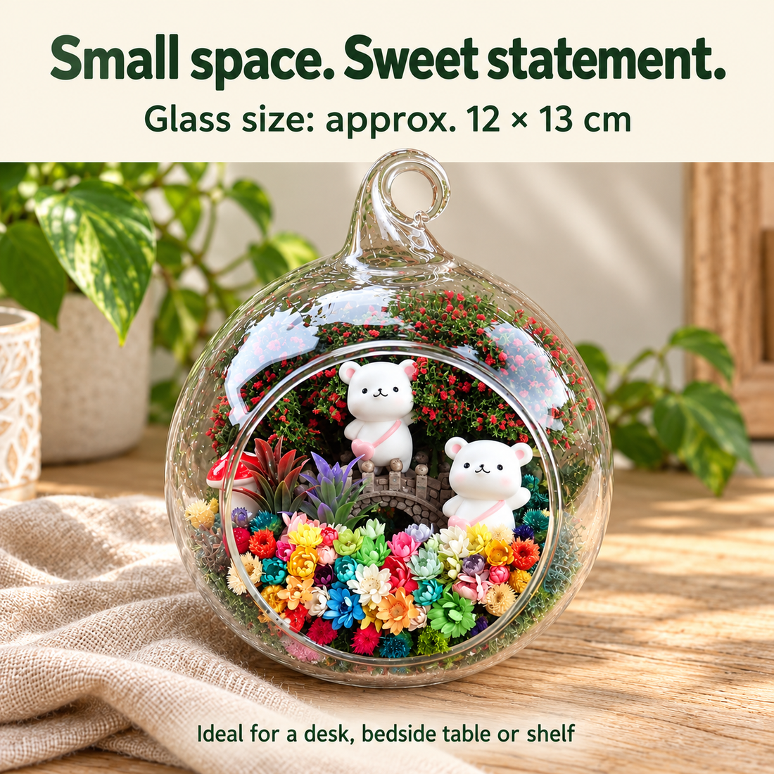 Two White Bears Preserved Flower Terrarium — size guide
