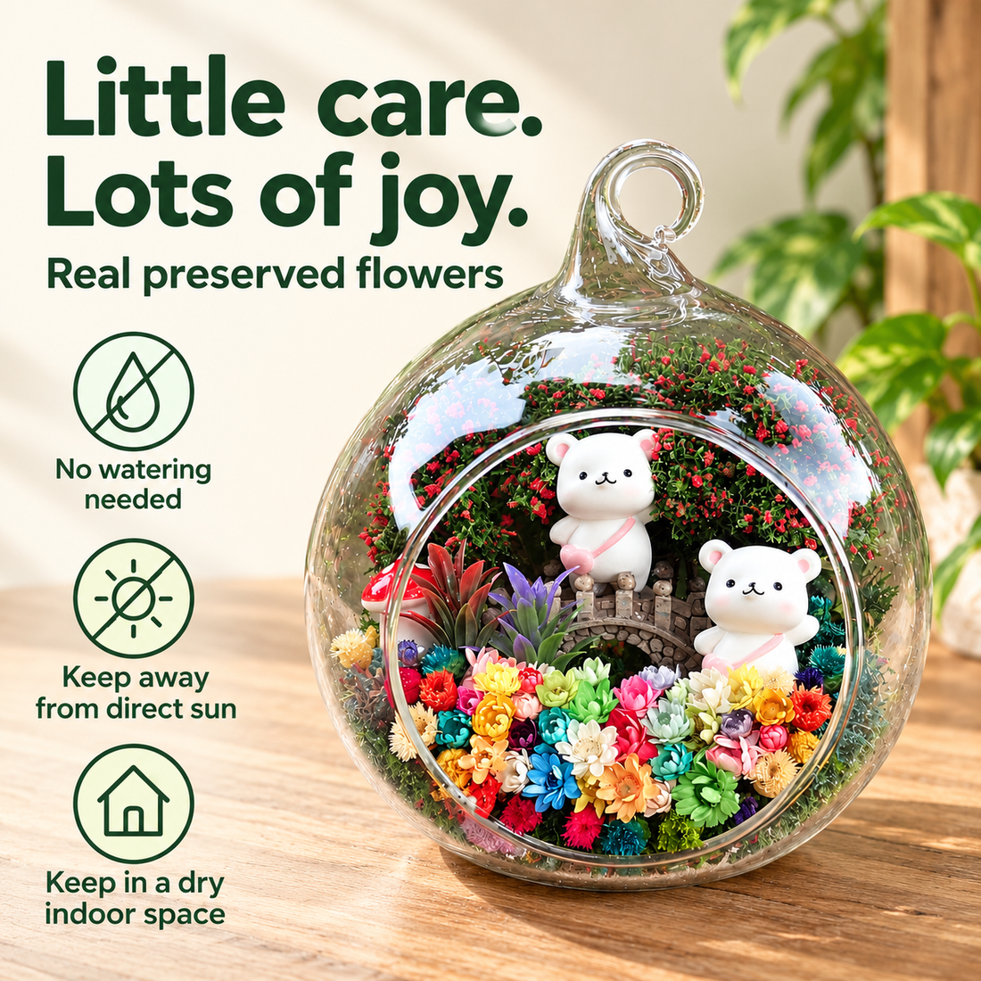 Two White Bears Preserved Flower Terrarium — care guide