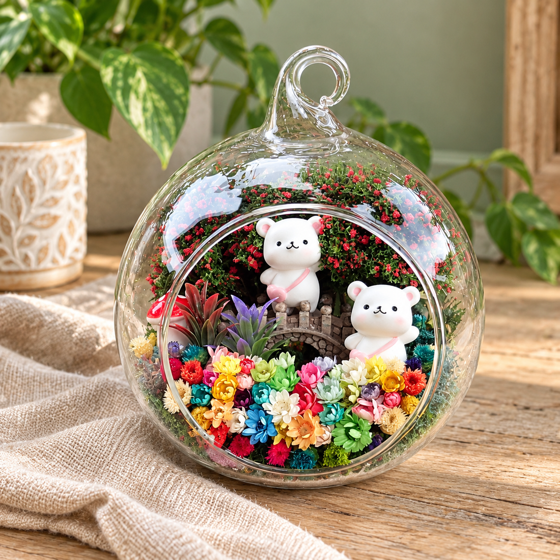 Two White Bears Preserved Flower Terrarium styled in a natural home setting with clear glass and product details